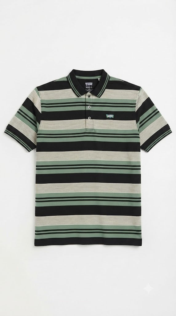 Mens Sage Green Horizontal Striped Polo Shirt