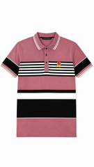 Mens Dusty Pink Striped Color Block Polo Shirt