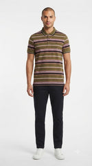 Men's Olive Green, Pink & Black Horizontal Striped Polo Shirt