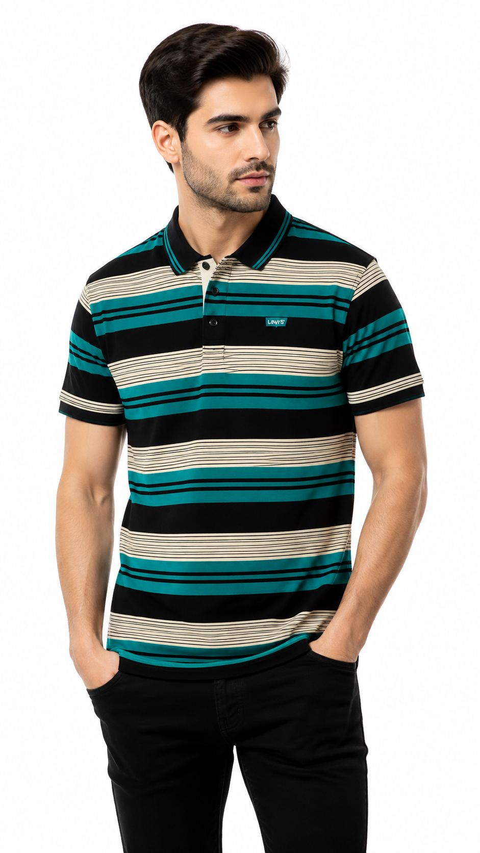 Mens Green & Black Horizontal Striped Polo Shirt