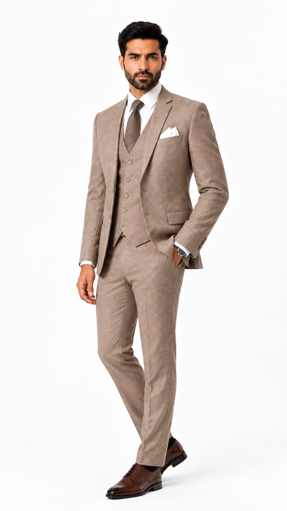 Mens Beige Textured 3 Pc Suit