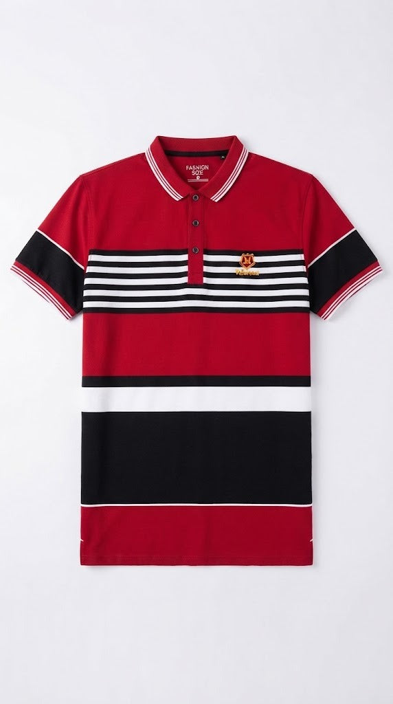 Mens Red Color Block Striped Polo Shirt