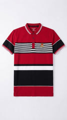 Mens Red Color Block Striped Polo Shirt