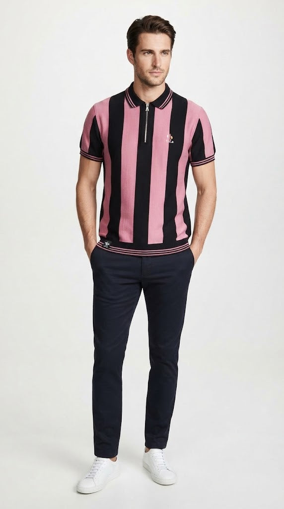 Men's Pink & Black Vertical Striped Polo Shirt