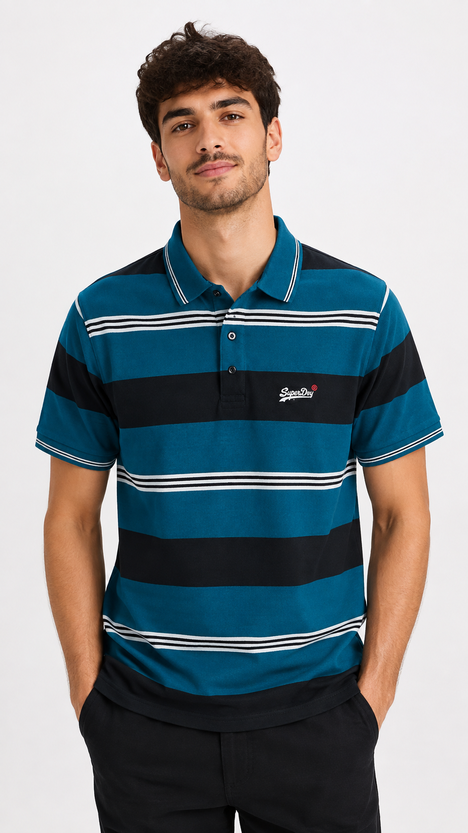 Mens Teal & Black Horizontal Striped Polo Shirt