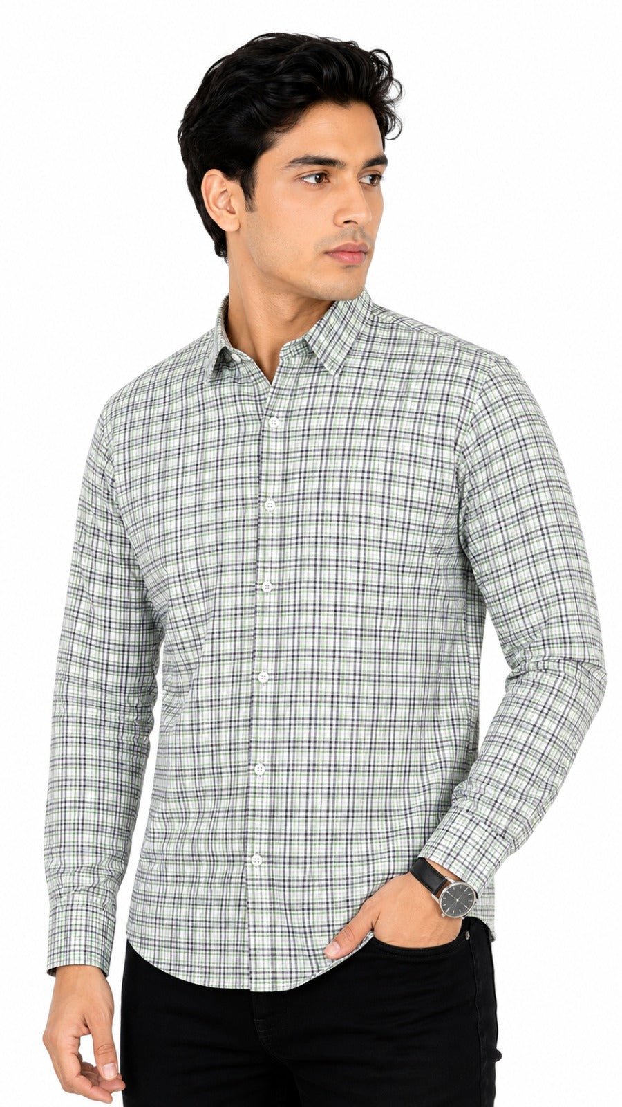 Men’s White Green Check Formal Shirt