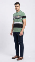 Mens Sage Green Color Block Striped Polo Shirt