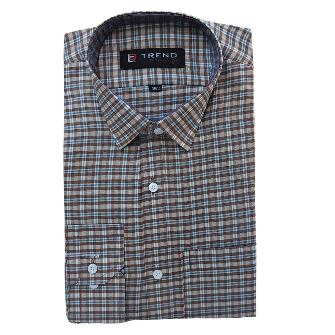 Men's light brown and blue checkered formal shirt