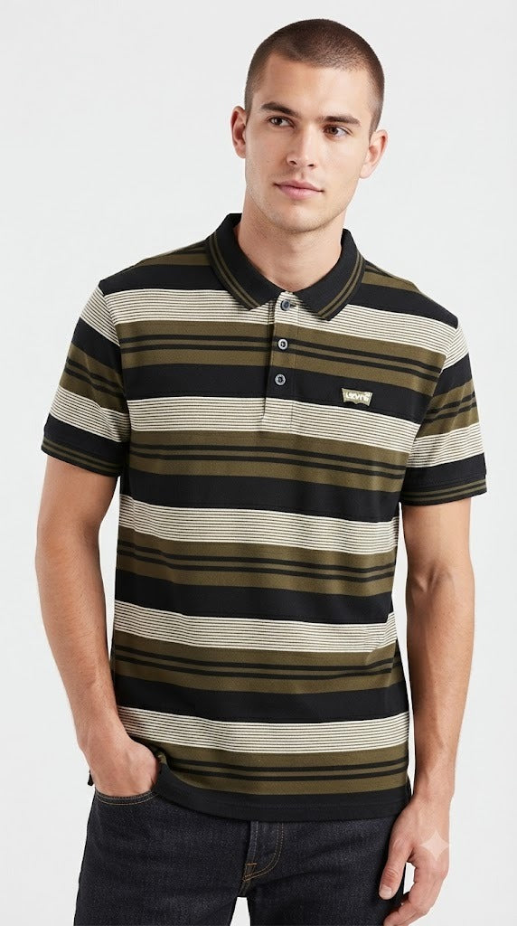 Mens Olive Green Horizontal Striped Polo Shirt