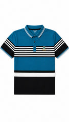 Mens Blue Striped Color Block Polo Shirt