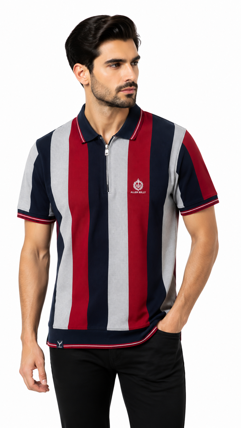 Men's Red, Navy & Light Grey Vertical Striped Polo Shirt