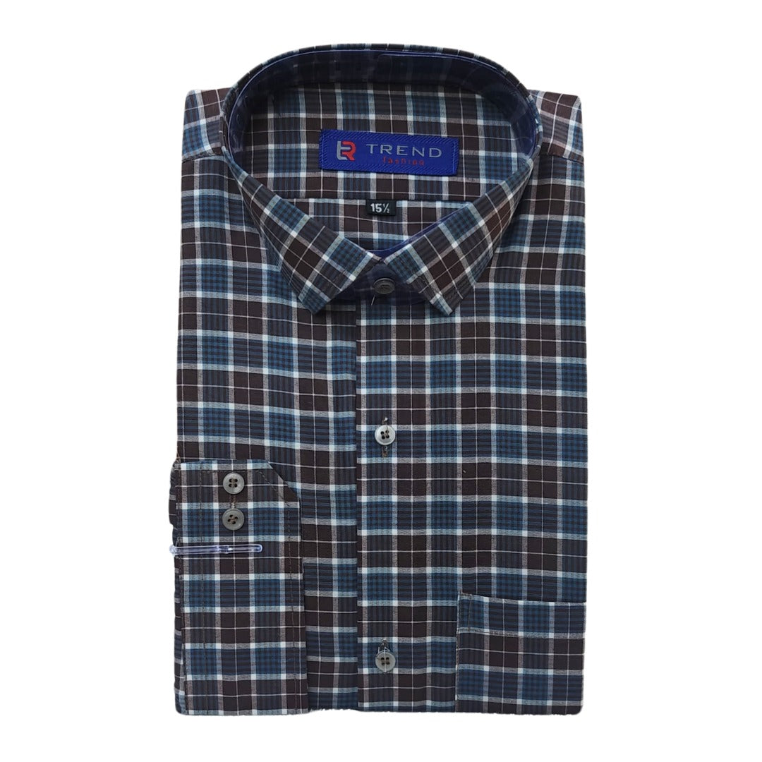 Men's brown and light  blue checkered formal shirt