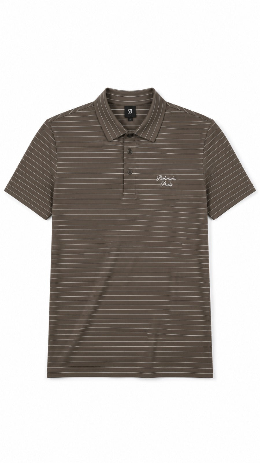 Men’s Mocha Brown Pinstripe Balmain Paris Logo Polo Shirt
