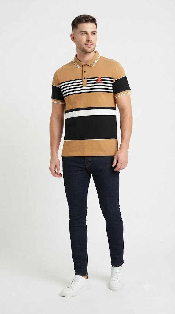 Mens Mustard Striped Color Block Polo Shirt