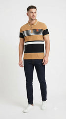 Mens Mustard Striped Color Block Polo Shirt