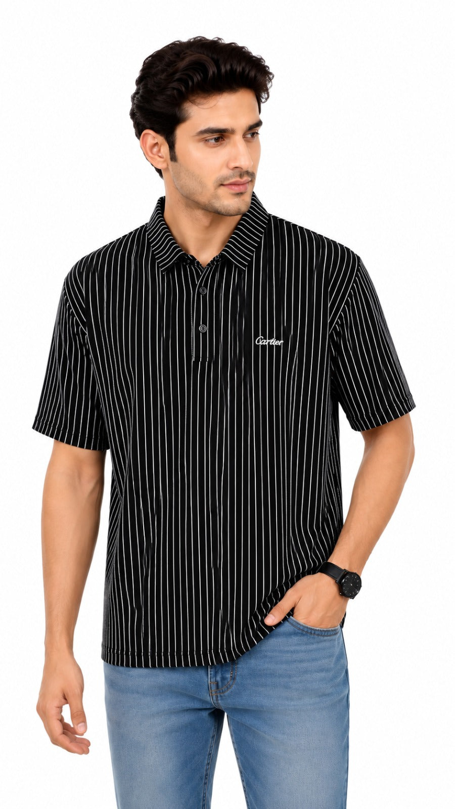 Men’s Black Vertical Pinstripe Polo Shirt