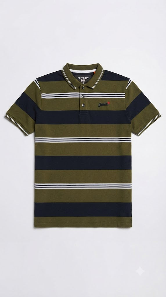 Mens Olive Green & Black Horizontal Striped Polo Shirt