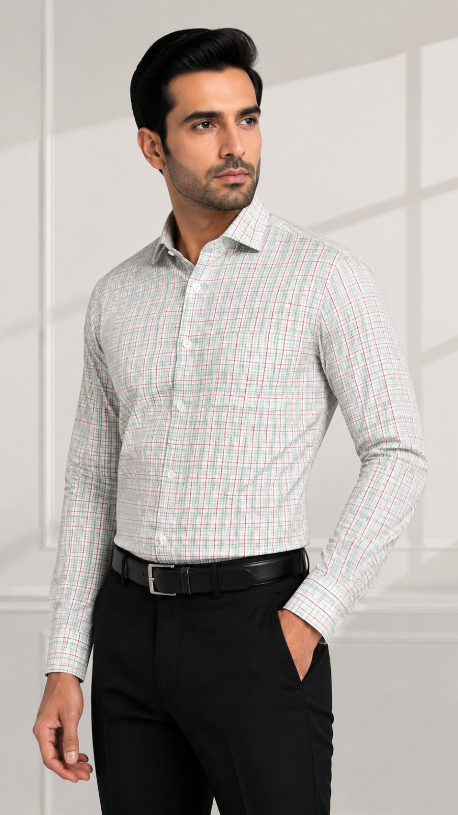 Men’s White Green Red Check Formal Shirt