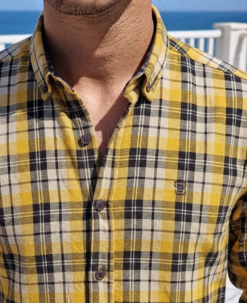 Mens Yellow Black White Check Imported Casual Shirt