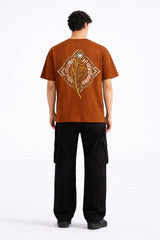 Mens Rust Orange Golden Feather Graphic Print Downshoulder T-shirt