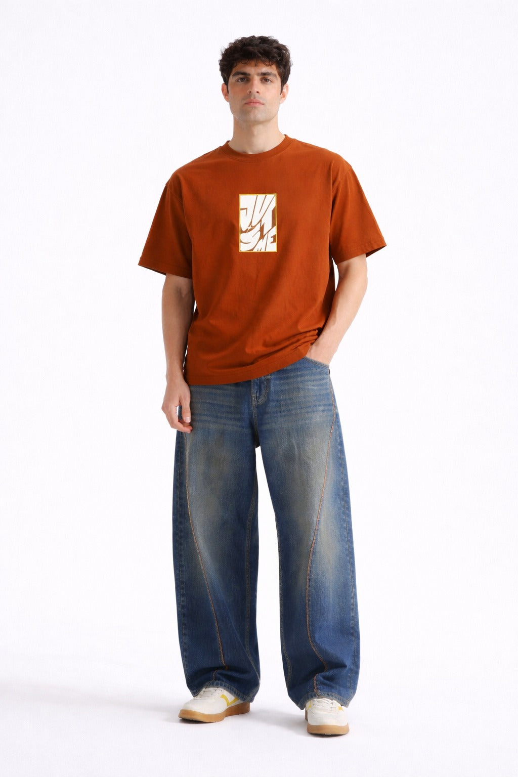 Mens Rust Orange Minimal Abstract Logo Print Downshoulder T-shirt