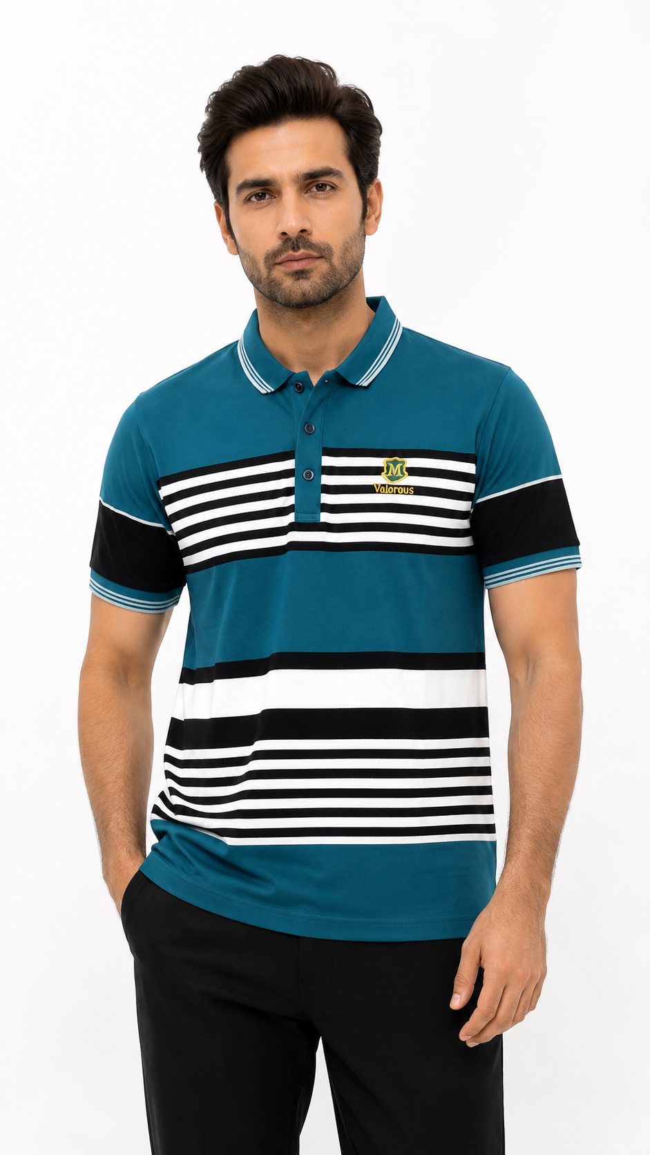 Mens Teal Striped Color Block Polo Shirt