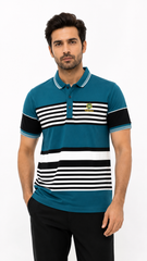 Mens Teal Striped Color Block Polo Shirt