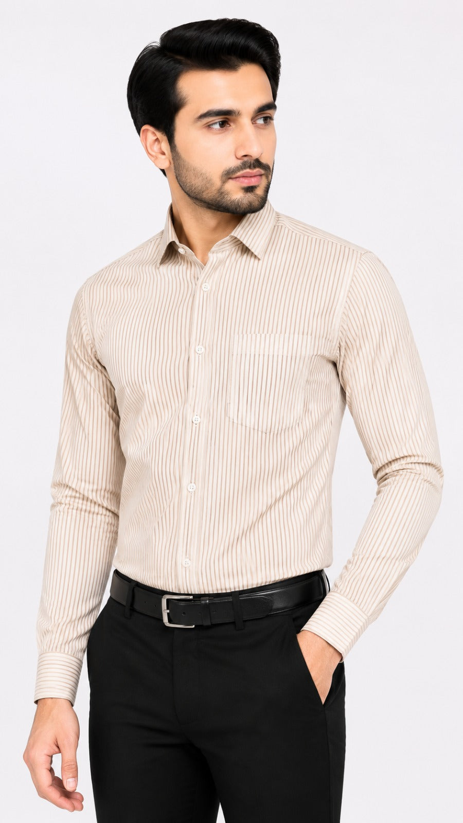 Men’s Cream Beige Stripe Formal Shirt