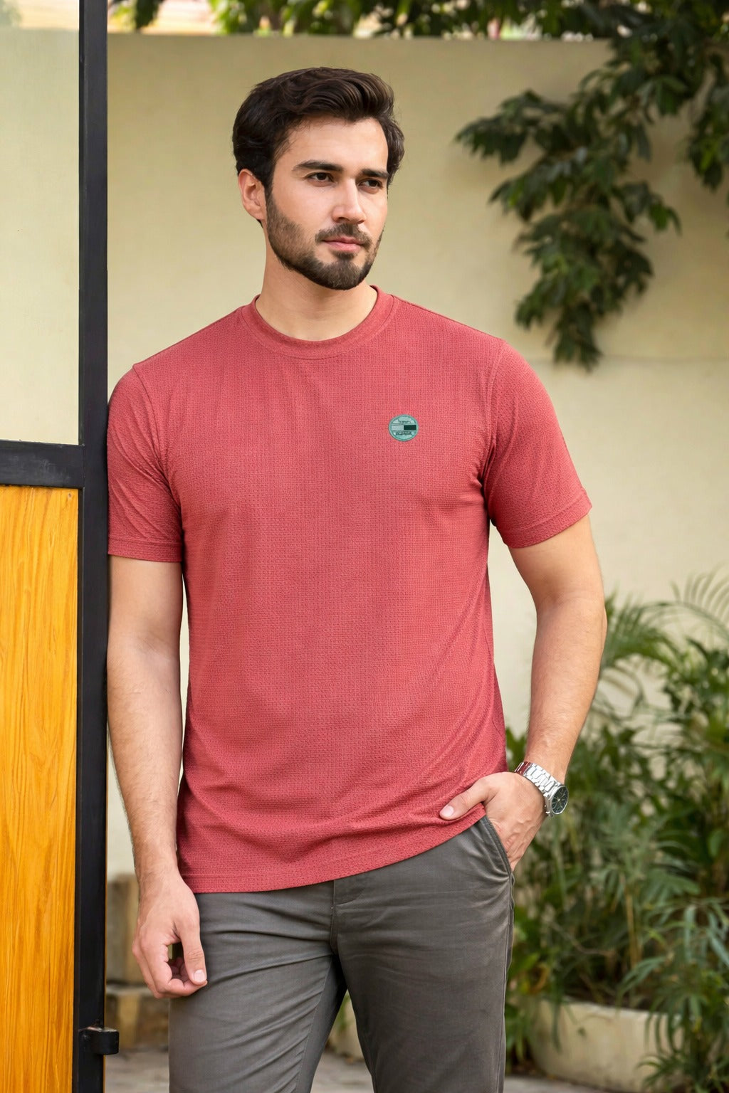 Men’s Coral Red Textured T-Shirt (Last Chance)