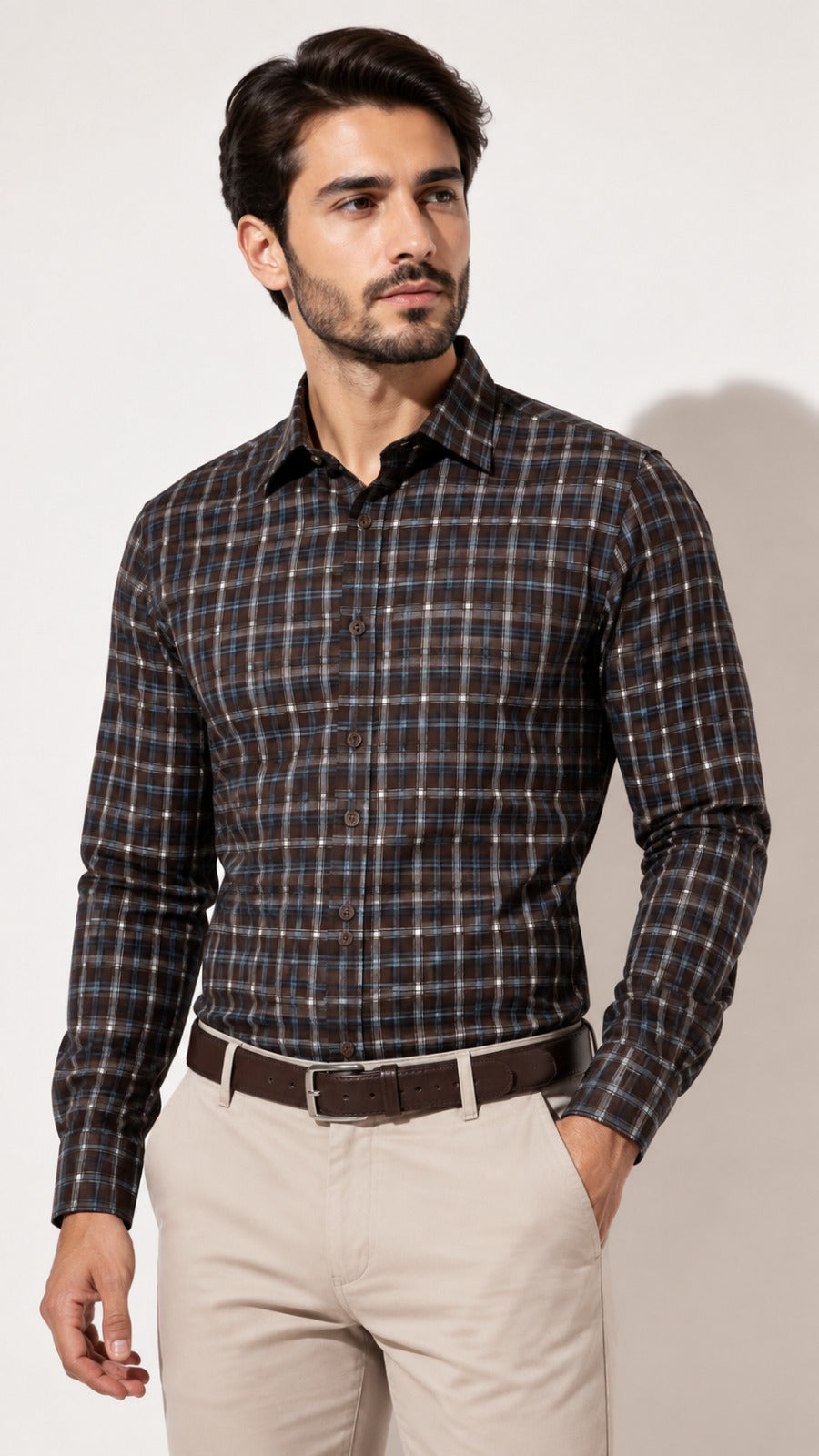Men’s Brown, Black & Blue Check Formal Shirt