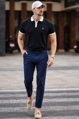 Mens Textured Black Zip Polo Shirt