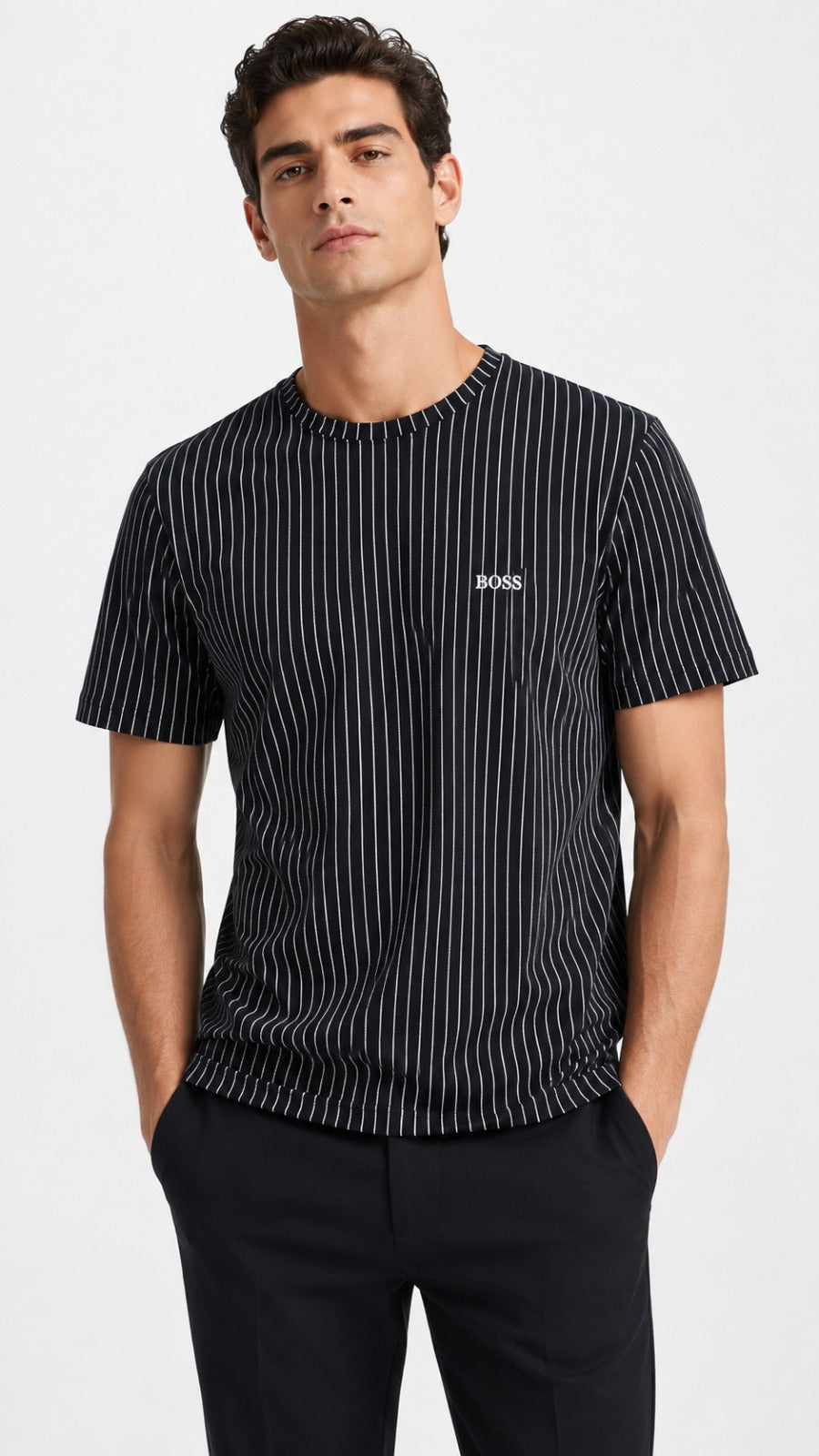 Men’s Black Vertical Pinstripe BOSS Logo T-Shirt
