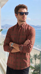 Mens Maroon Brown Geometric Pattern Imported Casual Shirt