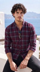 Mens Maroon Grey Check Imported Casual Shirt