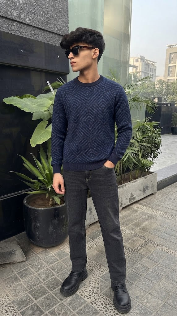 Mens Imported Rabbit Wool Sweater Blue Lining
